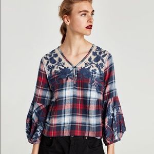 ZARA Plaid Embroidered Blouse